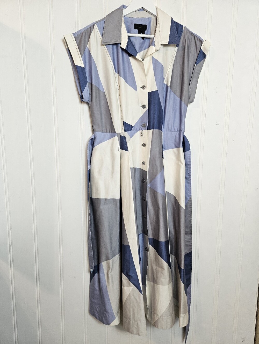Donna Karan Midi Shirt Dress 12 Pockets Printed Pleated Belted Button Down Blue - Picture 2 of 16